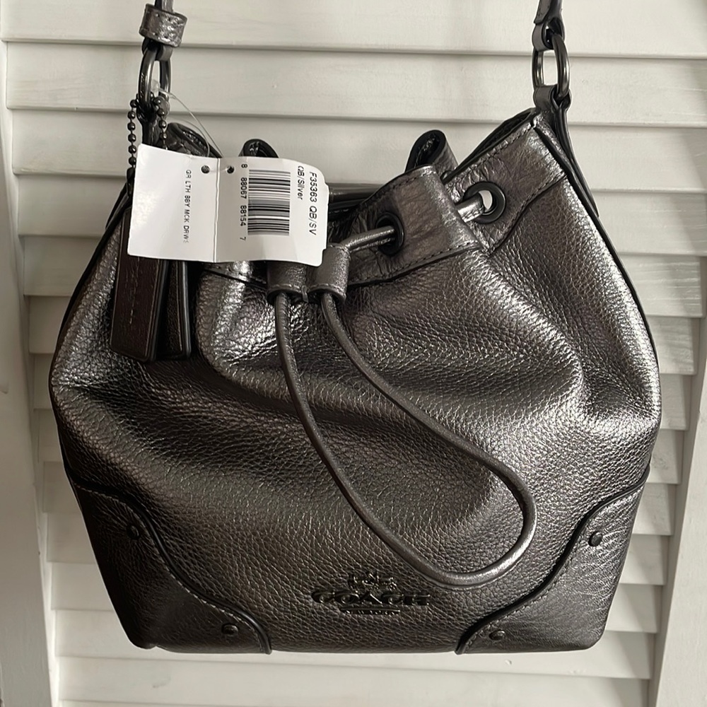Coach F35363 Baby Mickie Drawstring Silver Grain Leather Bucket Bag